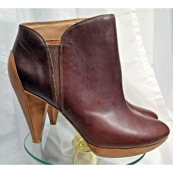 Fossil Brown Tan Two Tone Leather Cone Heel Ankle Booties Women’s Size 8.5 - Picture 1 of 15
